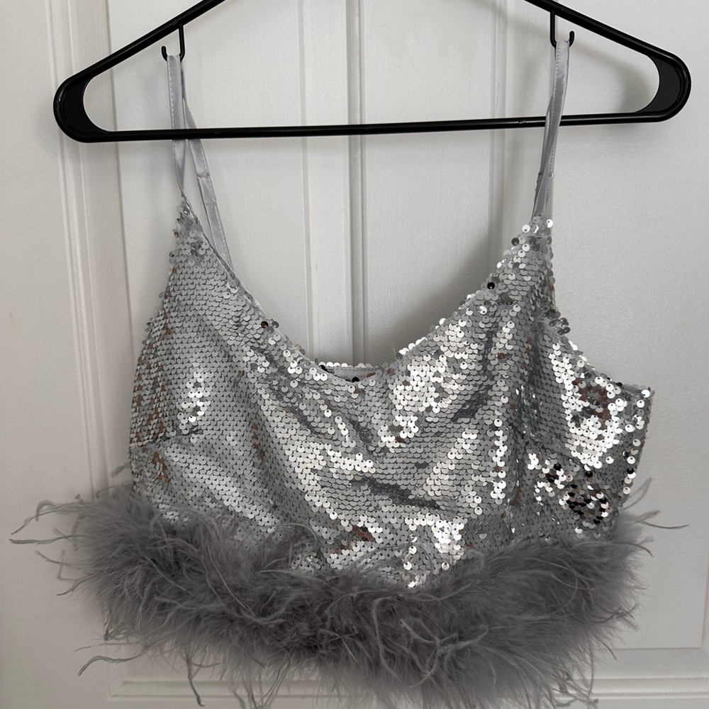 12th Tribe Cropped Sequin Feather Trim Tank